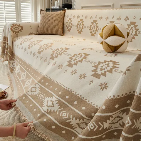 Copridivano in Ciniglia Bohemian Con Nappe Coperta Jacquard Geometrica Per Protezione Divano Arredo Soggiorno Casa