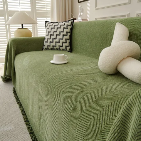 Chenille Herringbone Sofa Cover Universal Sofa Towel With Tassel Fringe Solid Color Couch Throw Blanket Protective Slipcover