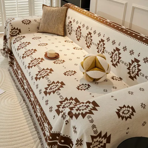 Funda de Sofá Toalla de Chenilla Bohemio Vintage Con Borlas Patrón Tribal Geométrico Manta Reversible Protectora de Muebles para Sofá Silla Decoración del Hogar