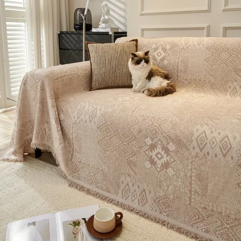 Bohemian Moroccan Vintage Chenille Sofa Cover Thickened Geometric Jacquard Sofa Towel With Tassels Universal Home Decor Throw