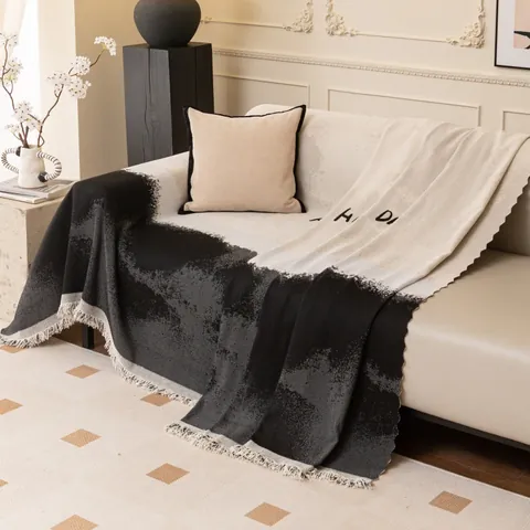 Chenille Sofa Cover Abstract Splash Ink Mountain Pattern Throw Blanket With Tassels Happy Day Furniture Protector Couch Cover