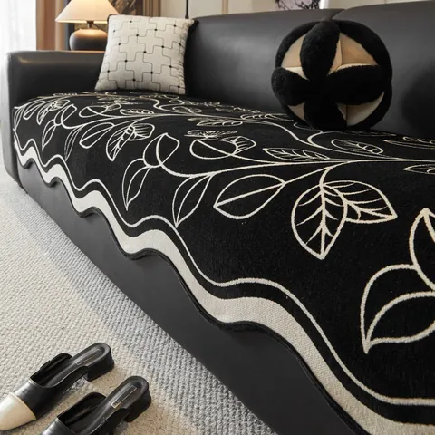 Retro Chenille Sofa Cushion Non-Slip Floral Pattern Couch Cover Universal All Season Washable Wave Edge Decorative Furniture Protector