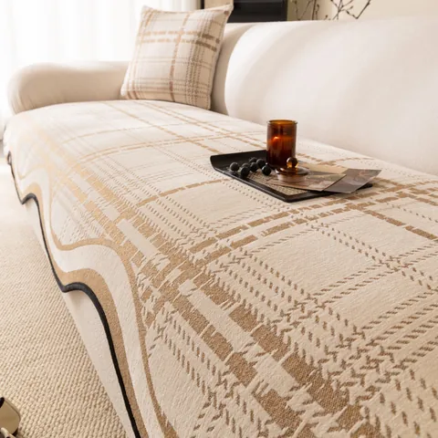 Irregular Chenille Plaid Sofa Cushion Modern Cream Style Non-Slip Sofa Cover With Wave Edge For Living Room Home Decor