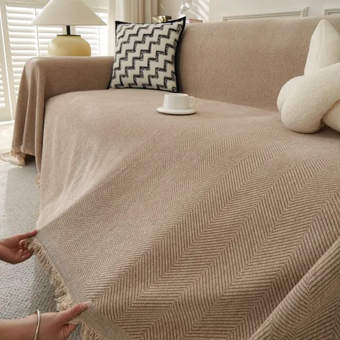 Housse de Canapé Luxe Chenille Chevrons Avec Glands Épais Doux Antipoussière Jeté de Canapé Toutes Saisons Décor de Salon