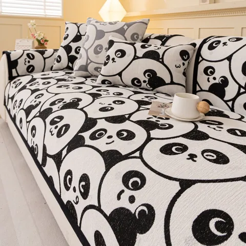 Cuscino per Divano in Ciniglia con Motivo a Panda Peluche in Finta Pelliccia di Coniglio Antiscivolo Copridivano Arredamento Soggiorno Moderno Protezione Mobili