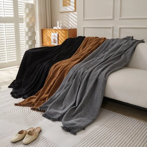 Herringbone Chenille Sofa Cover Slipcover With Tassels Soft Thick Woven Throw Blanket For Couch Furniture Protection Decor