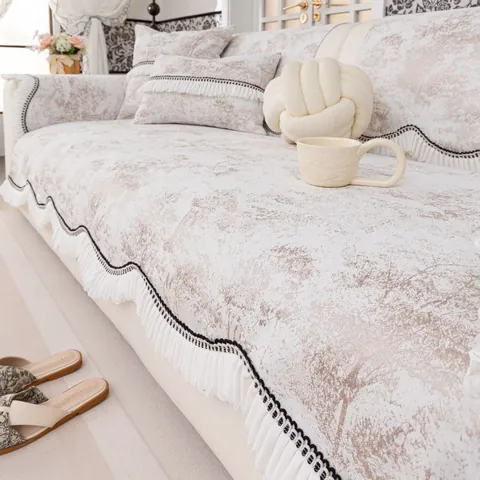 Copridivano Universale in Ciniglia di Lusso Francese Antiscivolo Antipolvere con Bordo a Frangia Motivo Floreale Decorazioni Casa