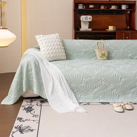 Summer Cooling Ice Silk Sofa Cover With 3D Leaf Embossed Texture Quilted Sectional Sofa Slipcover Anti-Cat Scratch Furniture Protector For Living Room