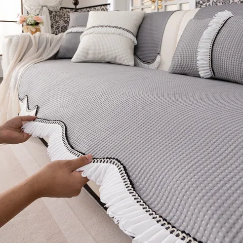 Nordic Ice Silk Cooling Sofa Cushion Waffle Pattern Anti-Slip Knitted Sofa Slipcover With Lace Edge Summer Sofa Cover Mat