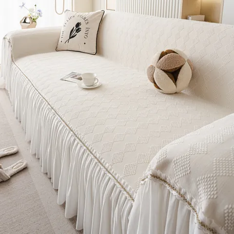 Chenille Sofa Cover French Cream Style Ruffled Lace Edge Anti-Slip Scratch Resistant Jacquard Sofa Cloth Furniture Protector
