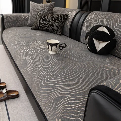 French Retro Chenille Sofa Cover Jacquard Wave Non-Slip Sofa Cushion Thick Washable Furniture Protector For Living Room Decor