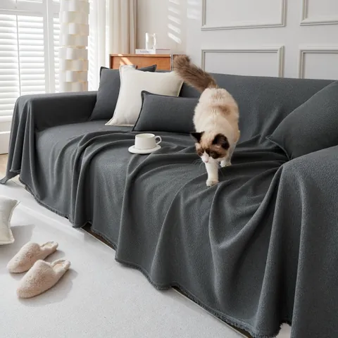 Wasserdichter Teddy-Fleece Sofaüberwurf Für Wohnzimmer Minimalistisch Einfarbig Strukturierte Sofadecke Mit Fransen Anti-Katzenkratzer Couch-Schutz