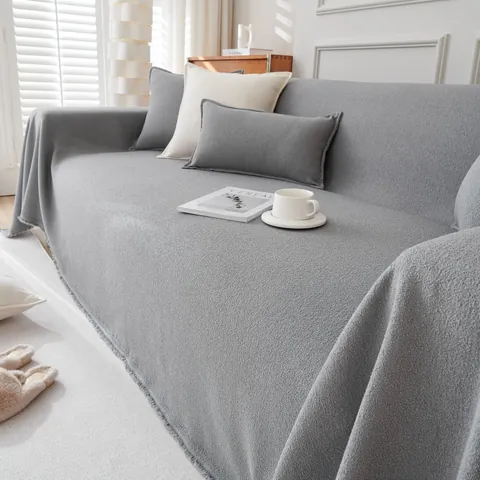 Water Resistant Teddy Velvet Sofa Cover Minimalist Solid Color Textured Boucle Throw Blanket With Fringe For Living Room