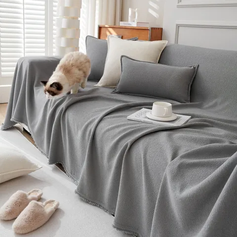 Water Resistant Teddy Velvet Sofa Cover Minimalist Solid Color Textured Boucle Throw Blanket With Fringe For Living Room