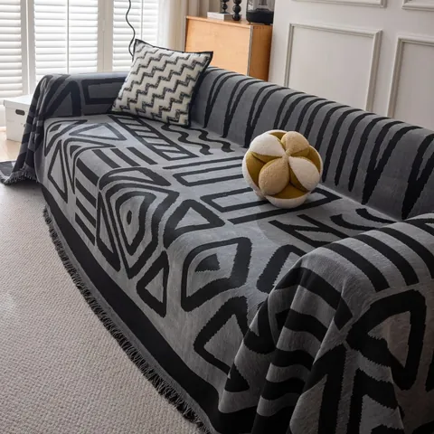 Bohemian Chenille Sofa Cover Geometric Jacquard Furniture Protector With Tassels For Living Room Couch Washable Throw Blanket