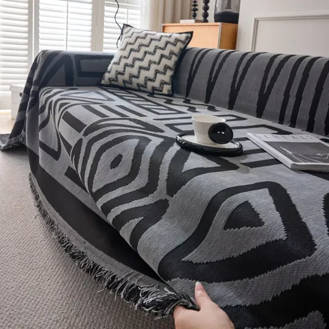 Bohemian Chenille Sofa Cover Geometric Jacquard Furniture Protector With Tassels For Living Room Couch Washable Throw Blanket