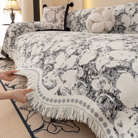 French Luxury Chenille Floral Sofa Cover Throw Blanket With Tassels Vintage Dustproof Sectional Sofa Towel For Home Decor