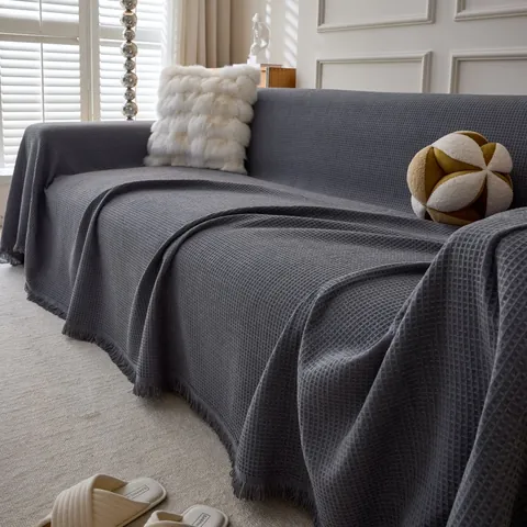 Chenille Waffle Sofa Cover Tassel Edge Solid Color Decorative Couch Protector Simple Style Household Throw Blanket