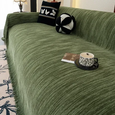 Vintage Chenille Sofa Towel Anti Cat Scratch Solid Color Sofa Cover With Tassel Stripe Texture All Season Furniture Protector