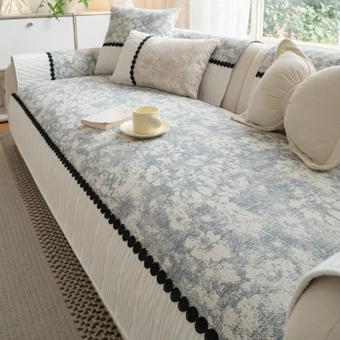 Housse de Canapé Florale Vintage Style Champêtre Français Antidérapante Imitation Coton Lin Coussin Canapé Volants Pompons