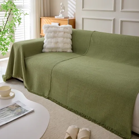 Solid Color Chenille Waffle Sofa Cover Minimalist Couch Protector Blanket With Tassel Fringe Soft Dustproof Furniture Cover For Living Room Home Decor