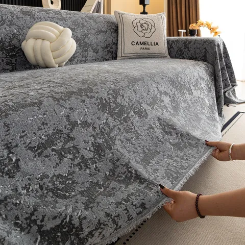 Funda de Sofá de Chenilla Estilo Crema Jacquard Textura de Mármol Manta con Borlas Protector de Sofá para Cuatro Estaciones
