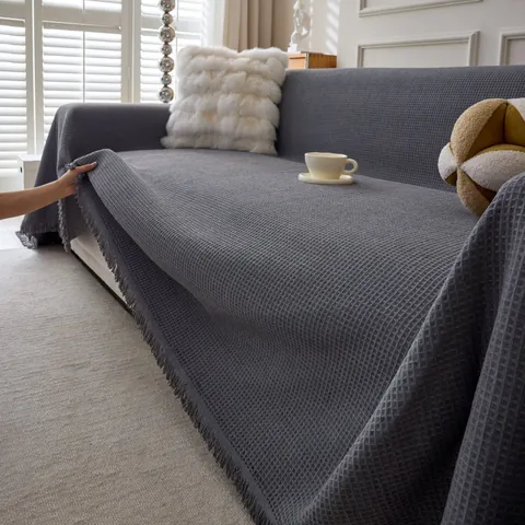 Chenille Waffle Sofa Cover Tassel Edge Solid Color Decorative Couch Protector Simple Style Household Throw Blanket