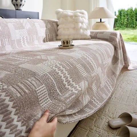 Geometric Jacquard Washed Cotton Sofa Cover Tassel Edge Double Sided Breathable Air Blanket Furniture Protector Couch Throw