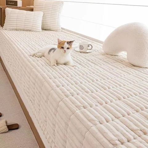 Thicken Flannel Bay Window Mat Modern Cream Style Striped Plush Tatami Cushion Non-Slip Soft Sofa Cover For Bedroom Balcony