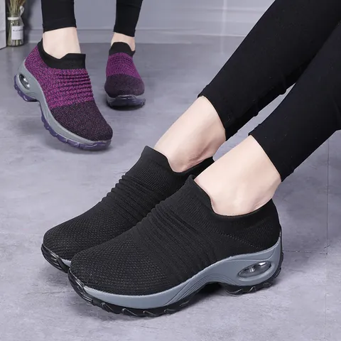 Baskets à Coussin d'Air en Tricot Respirant pour Femmes Chaussures Chaussettes Légères à Enfiler Chaussures de Marche et de Course Décontractées à Plateforme