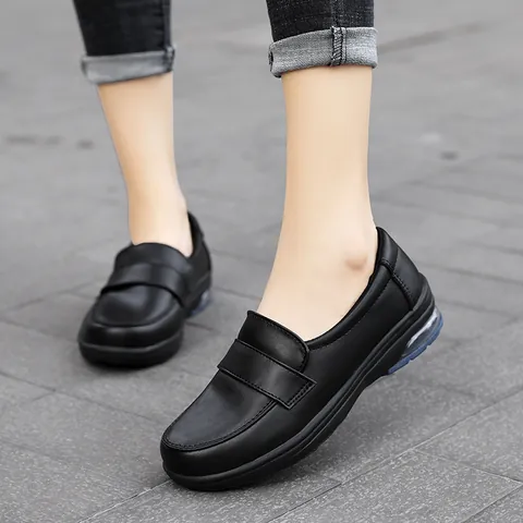 Women Slip On Air Cushion Loafers Microfiber Leather Comfortable Non Slip Nurse Shoes Breathable Work Flats White Black