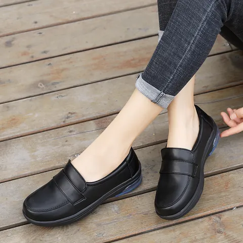 Women Slip On Air Cushion Loafers Microfiber Leather Comfortable Non Slip Nurse Shoes Breathable Work Flats White Black