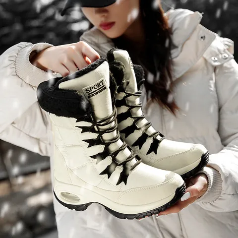 Botas de Nieve para Mujer Al Aire Libre Invierno Cálido Térmico Caña Alta Tela Impermeable Zapatos Cojín de Aire Forro de Felpa Botas con Cordones