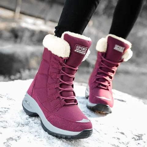 Botas de Nieve para Mujer Al Aire Libre Invierno Cálido Térmico Caña Alta Tela Impermeable Zapatos Cojín de Aire Forro de Felpa Botas con Cordones
