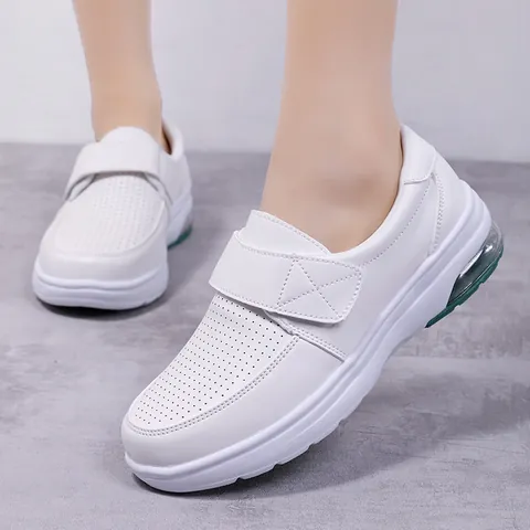 Women Microfiber Leather Nurse Shoes Breathable Perforated Air Cushion Professional Walking Shoes Hook And Loop Wedge Casual Shoes
