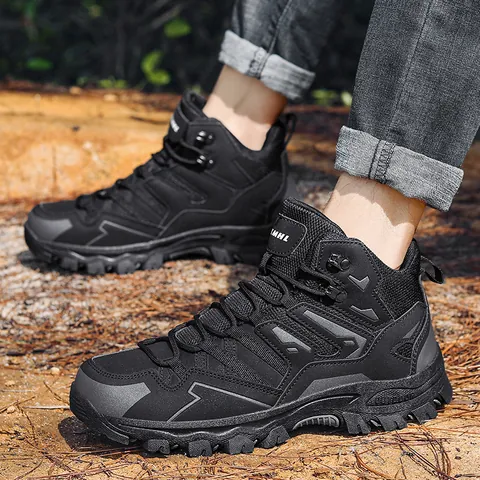 Men Women Outdoor Hiking Shoes High Top Anti-Slip Wear Resistant Trekking Boots Synthetic Leather Mesh Breathable Walking Shoes Running Sneakers