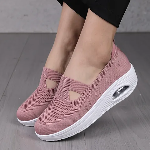 Damen Rocker Schuhe Atmungsaktiv Flyknit Netzgewebe Plateau Luftkissen Slipper Keilabsatz Freizeit Sneaker Wanderschuhe Für Frauen