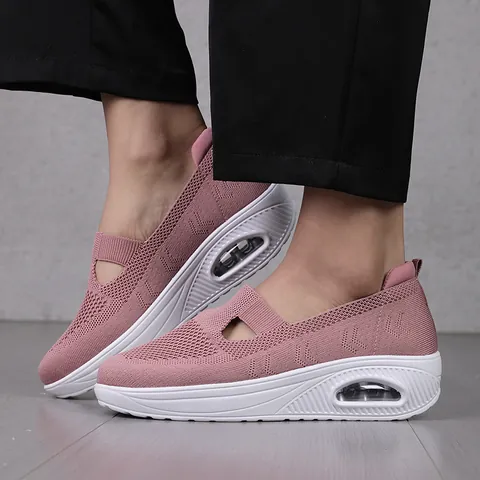 Damen Rocker Schuhe Atmungsaktiv Flyknit Netzgewebe Plateau Luftkissen Slipper Keilabsatz Freizeit Sneaker Wanderschuhe Für Frauen
