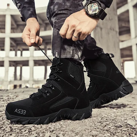 Men Tactical Boots Mid Top Outdoor Hiking Shoes Breathable Desert Combat Boots Anti Slip Rubber Sole Work Safety Boots