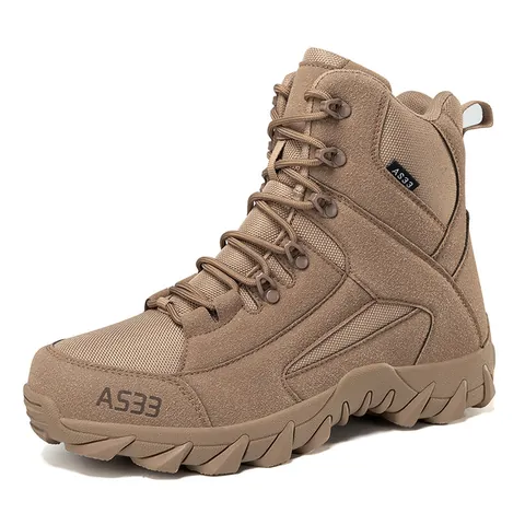 Men Outdoor Tactical Boots Suede Fabric Splice High Top Non Slip Warm Fleece Lined Winter Combat Hiking Desert Work Boots