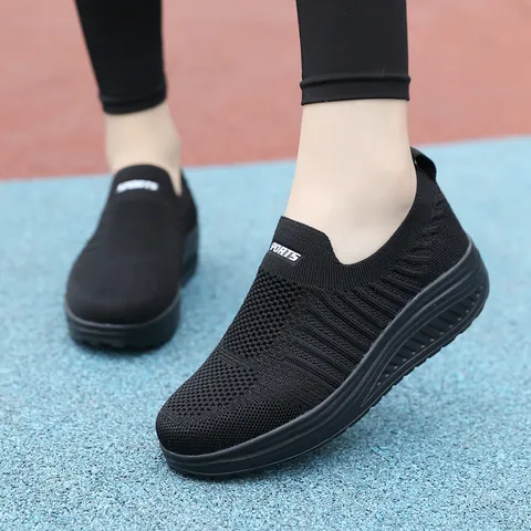 Women's Rocker Sole Walking Shoes Breathable Flyknit Mesh Slip-on Sneakers Comfortable Thick Bottom Work Nursing Shoes
