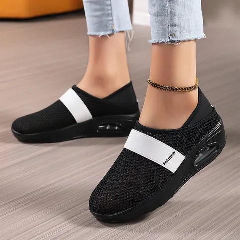 Women Breathable Mesh Slip-On Sneakers Air Cushion Lightweight Casual Walking Shoes Fashion Letter Print Loafers Soft Sole Daily Sport Shoes