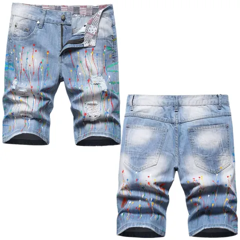 Heren Hip Hop Denim Shorts Lichtblauw Met Verfspatten Gescheurde Katoenen Jeans Streetwear Zomer Casual Broek