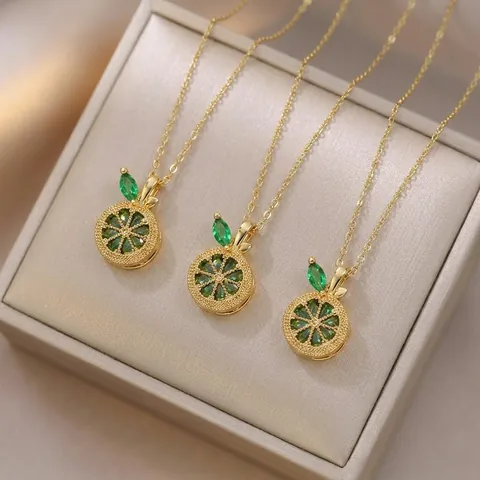 Collier Pendentif Citron En Acier Inoxydable Plaque Or Cristal Vert Tranche De Fruit Style Frais Bijoux Cadeau Femme
