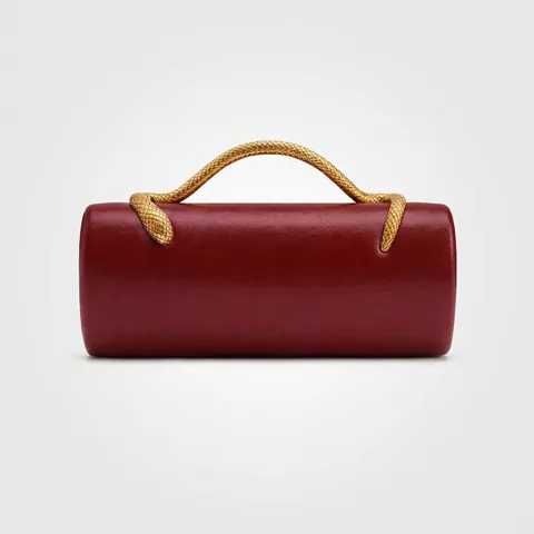 Cylinder Evening Bag PU Leather With Snake Metal Handle Retro Luxury Clutch For Women Crossbody With Chain Strap