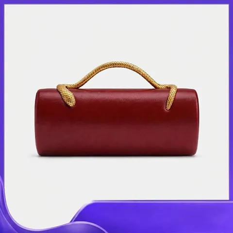 Cylinder Evening Bag PU Leather With Snake Metal Handle Retro Luxury Clutch For Women Crossbody With Chain Strap