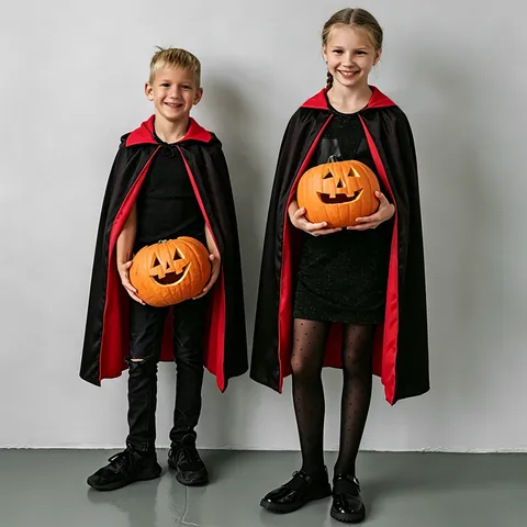 Reversible Halloween Cape Cloak Red Black Stand Collar Hooded Vampire Witch Grim Reaper Costume Prop Kids Adults Polyester