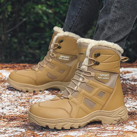 Botas de Nieve de Caña Alta para Hombre Invierno Cálido Cuero de Microfibra Zapatos de Senderismo Exterior Con Forro de Pelo Sintético Suela de Goma Antideslizante