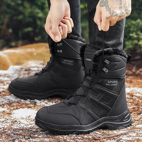 Botas de Nieve de Caña Alta para Hombre Invierno Cálido Cuero de Microfibra Zapatos de Senderismo Exterior Con Forro de Pelo Sintético Suela de Goma Antideslizante