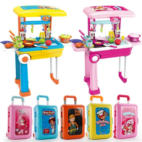 2-In-1 Kids Pretend Play House Suitcase Toy Set Simulation Kitchen Tool Makeup Doctor Role Play Portable Suitcase Toy